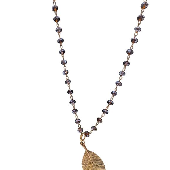 Antiqued Brown Crystal Glass Bead Rosary Chain Bronze Leaf Pendant 36" Necklace - Picture 4 of 5